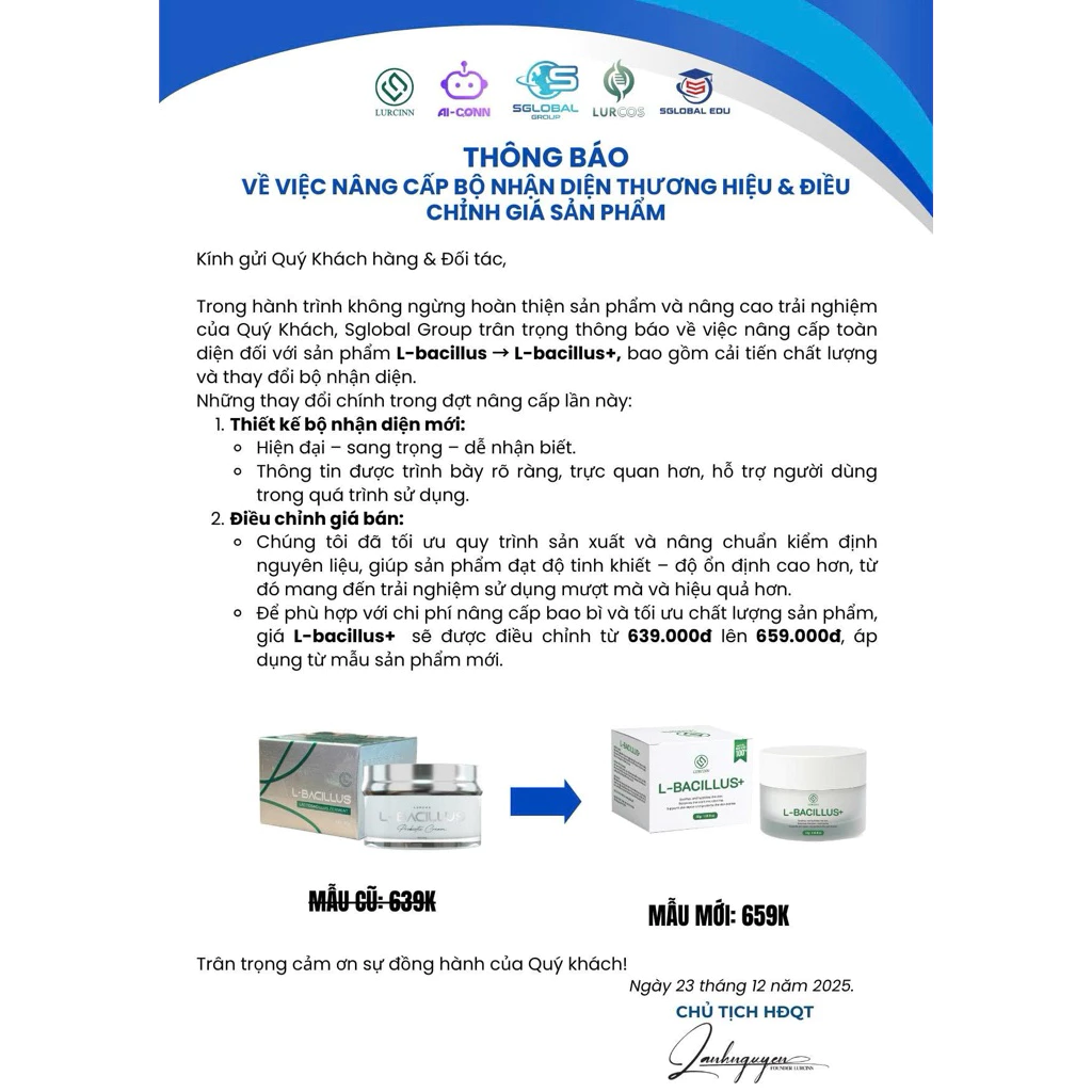 Kem Men Vi Sinh Lurcinn L-BACILLUS Cân Bằng Hệ Vi Sinh Phục Hồi Da Mỏng Yếu 30g
